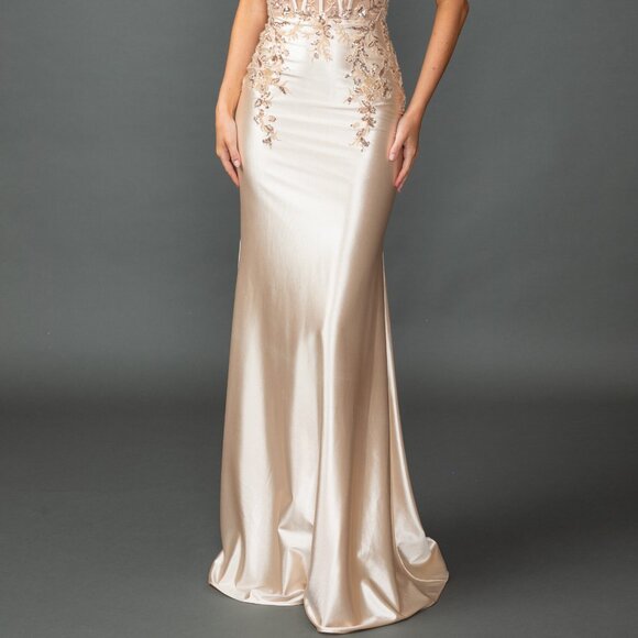 New Off Shoulder Maxi Prom Gown w/ Floral Lace Over Sheer Boned Bodice DQ 4540 - Picture 9 of 9